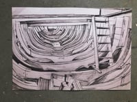 Print of a pencil drawing 'New frames looking aft' 