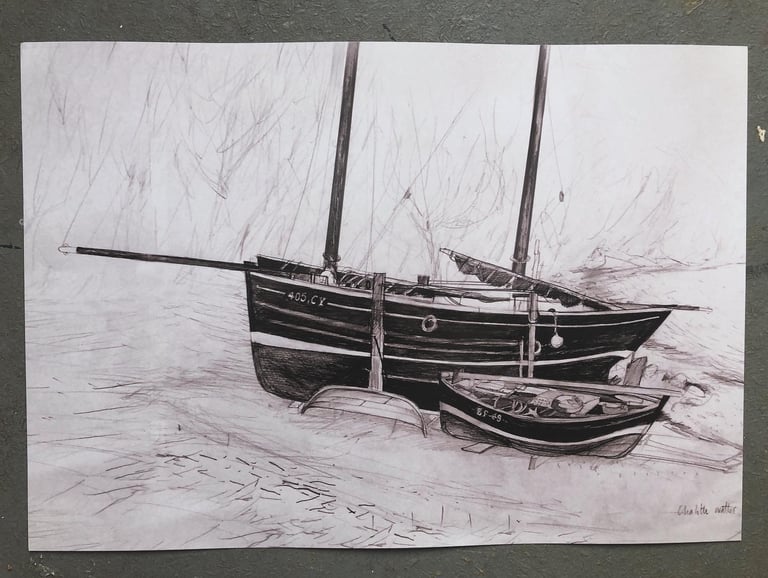 Print of a pencil drawing . St. Vincent and Fame hauled up the slip way
