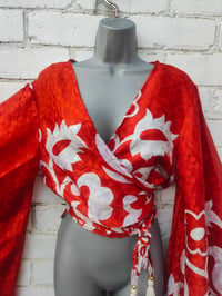 Image 3 of Stevie sari top with recycled fabric -RED and white 