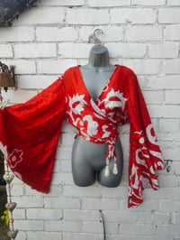 Image 1 of Stevie sari top with recycled fabric -RED and white 