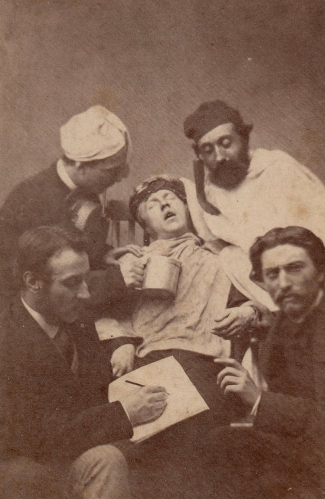 Image of Anonymous: 'The dying man', salt print of five medical students, ca. 1855