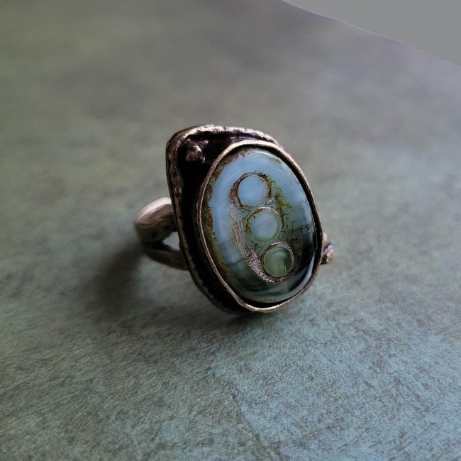 Bohemian Earthy Mossy Oval Opal Antique Bronze Ring