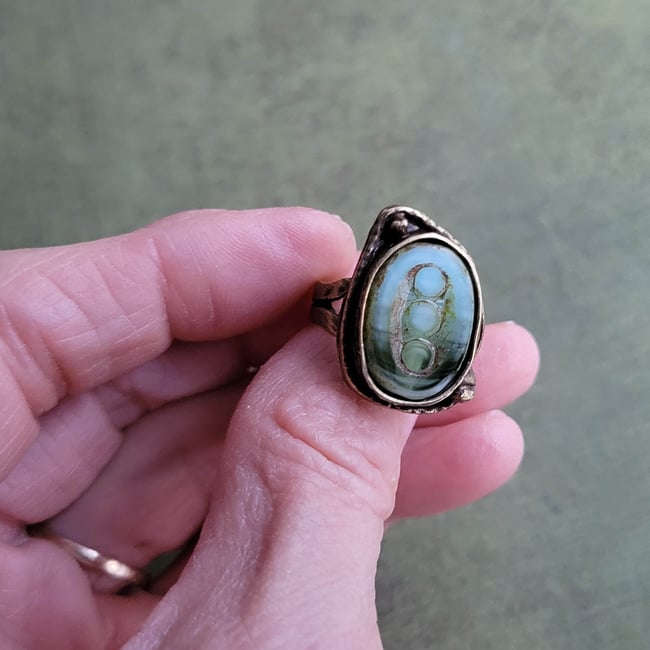 Bohemian Earthy Mossy Oval Opal Antique Bronze Ring