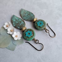 Image 2 of Green Verdigris Leaf + Flower Earrings