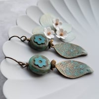 Image 3 of Green Verdigris Leaf + Flower Earrings