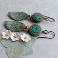Image 4 of Green Verdigris Leaf + Flower Earrings