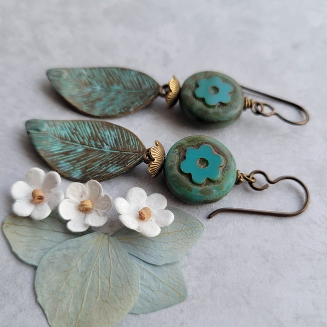 Green Verdigris Leaf + Flower Earrings