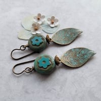 Image 5 of Green Verdigris Leaf + Flower Earrings