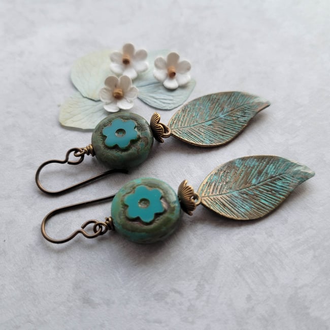 Green Verdigris Leaf + Flower Earrings
