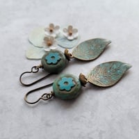Image 1 of Green Verdigris Leaf + Flower Earrings