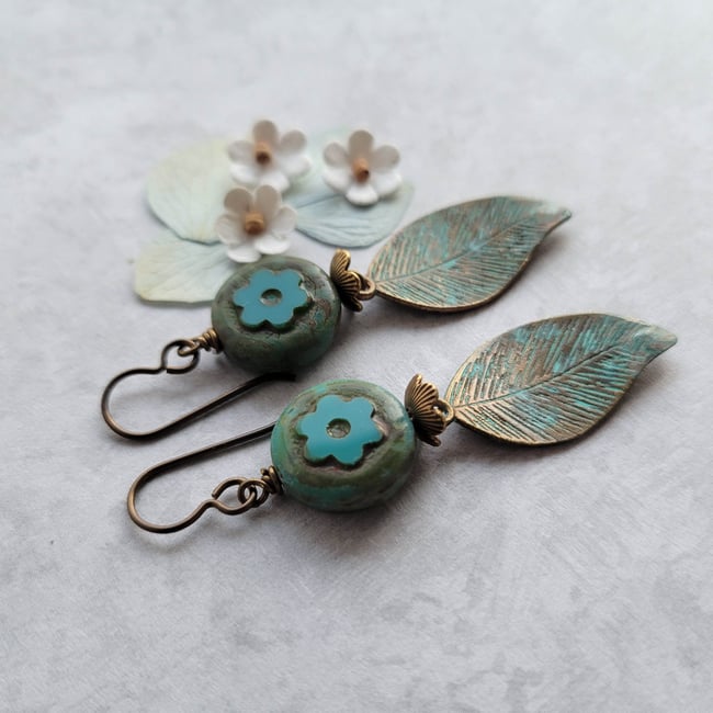 Green Verdigris Leaf + Flower Earrings
