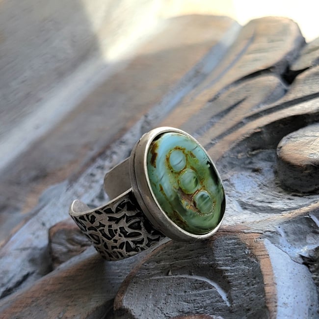 Bohemian Earthy Mossy Oval Opal Antique Silver Ring