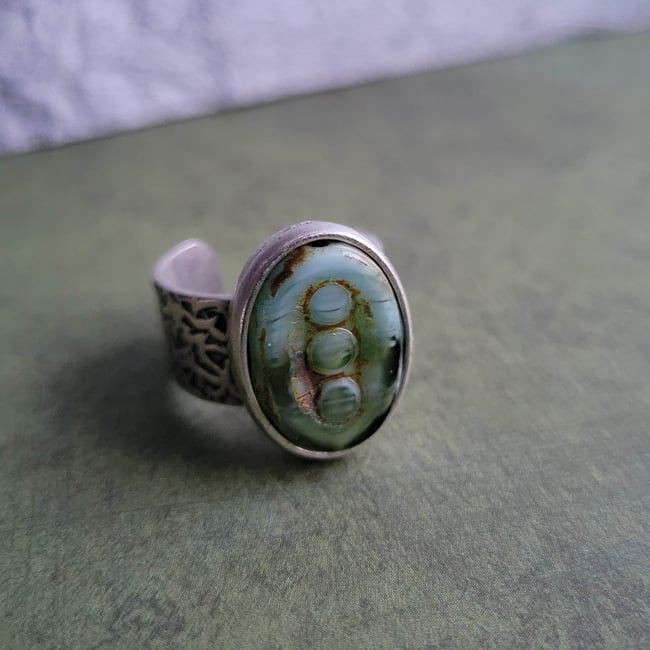 Bohemian Earthy Mossy Oval Opal Antique Silver Ring