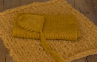 Image 1 of 3 pc newborn set | Alpaca bonnet, wrap and mini layer set| Ready to ship| Mustard