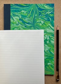 Image 2 of Sky Blue, Green & White Hand-Marbled Slim Lined Jotter- Imbolc/ Snowdrop Pattern