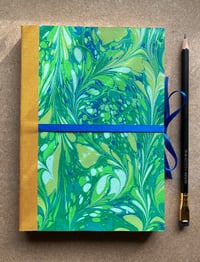 Image 1 of Fresh Green, Yellow & White Hand-Marbled Large Plain Notebook- Imbolc/Snowdrop Pattern