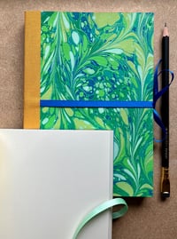 Image 2 of Fresh Green, Yellow & White Hand-Marbled Large Plain Notebook- Imbolc/Snowdrop Pattern