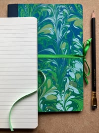 Image 2 of Blue, White & Green Hand-Marbled Thick Lined Notebook- Imbolc/ Snowdrop Pattern