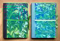 Image 3 of Blue, White & Green Hand-Marbled Thick Lined Notebook- Imbolc/ Snowdrop Pattern