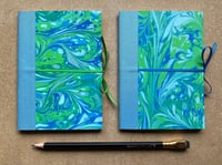 Image 1 of Small Blue, Green, White & Gold Hand-Marbled Plain Notebook- Pale Blue Binding