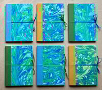 Image 3 of Small Blue, Green, White & Gold Hand-Marbled Plain Notebook- Pale Blue Binding