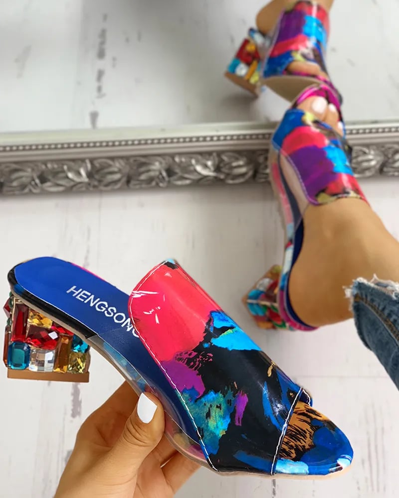 Casual Shoes Low Heel Sandals Color block Croc Embossed Rhinestone Chunky Heels