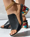 Casual Shoes Low Heel Sandals Color block Croc Embossed Rhinestone Chunky Heels
