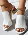Casual Shoes Low Heel Sandals Color block Croc Embossed Rhinestone Chunky Heels