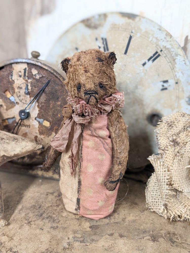 Image of SKITTLE Toy- a NEW DESIGN - 5"  - Primitive little Old Worn standing Teddy Bear by Whendi's Bears