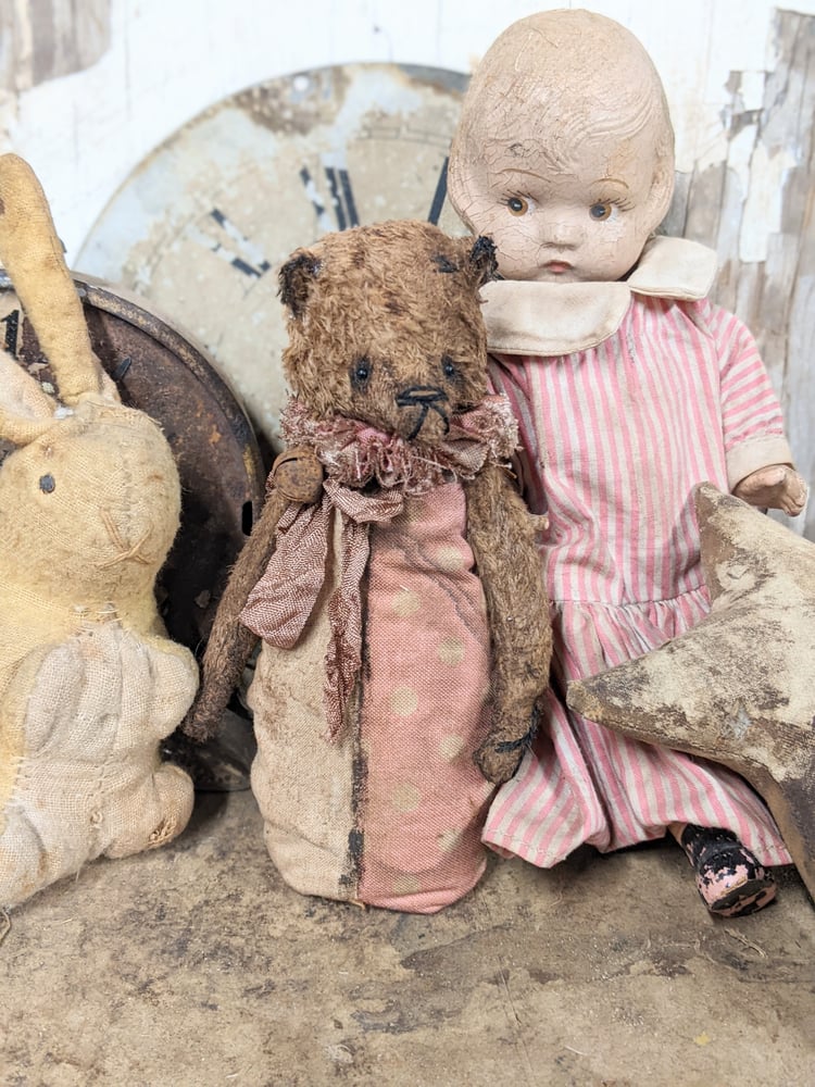 Image of SKITTLE Toy- a NEW DESIGN - 5"  - Primitive little Old Worn standing Teddy Bear by Whendi's Bears