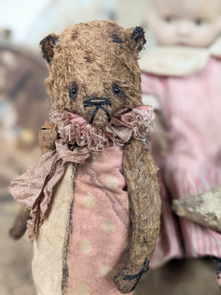 Image of SKITTLE Toy- a NEW DESIGN - 5"  - Primitive little Old Worn standing Teddy Bear by Whendi's Bears