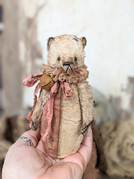 Image of SKITTLE Toy- a NEW DESIGN - 5"  - Primitive little Old Worn standing Teddy Bear by Whendi's Bears..