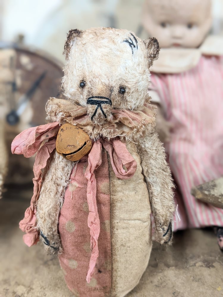 Image of SKITTLE Toy- a NEW DESIGN - 5"  - Primitive little Old Worn standing Teddy Bear by Whendi's Bears..