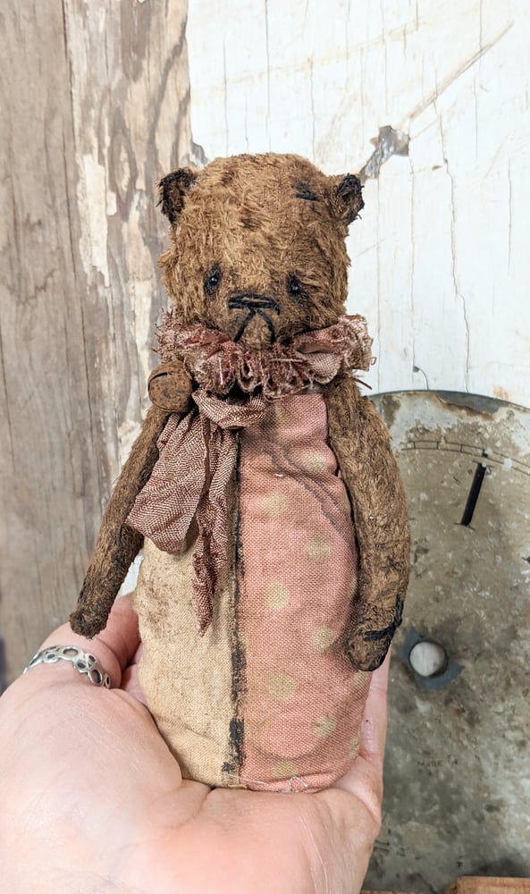 Image of SKITTLE Toy- a NEW DESIGN - 5"  - Primitive little Old Worn standing Teddy Bear by Whendi's Bears