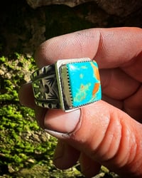 Image 2 of WL&A Handmade Heavy Ingot Royston Turquoise Thunderbird Ring - Size 10