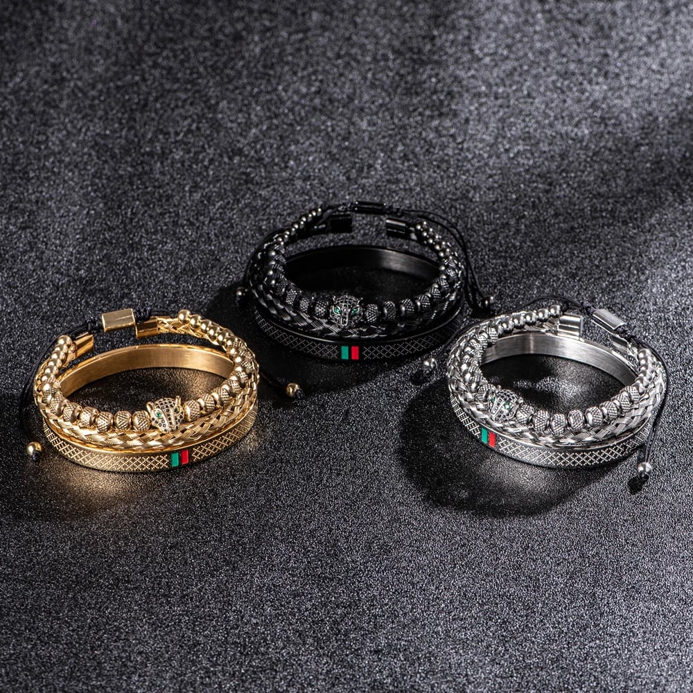 Luxury Handmade Braiding Bracelet Pave CZ Leopard Head Enamel Green Red Bracelet Stainless Steel