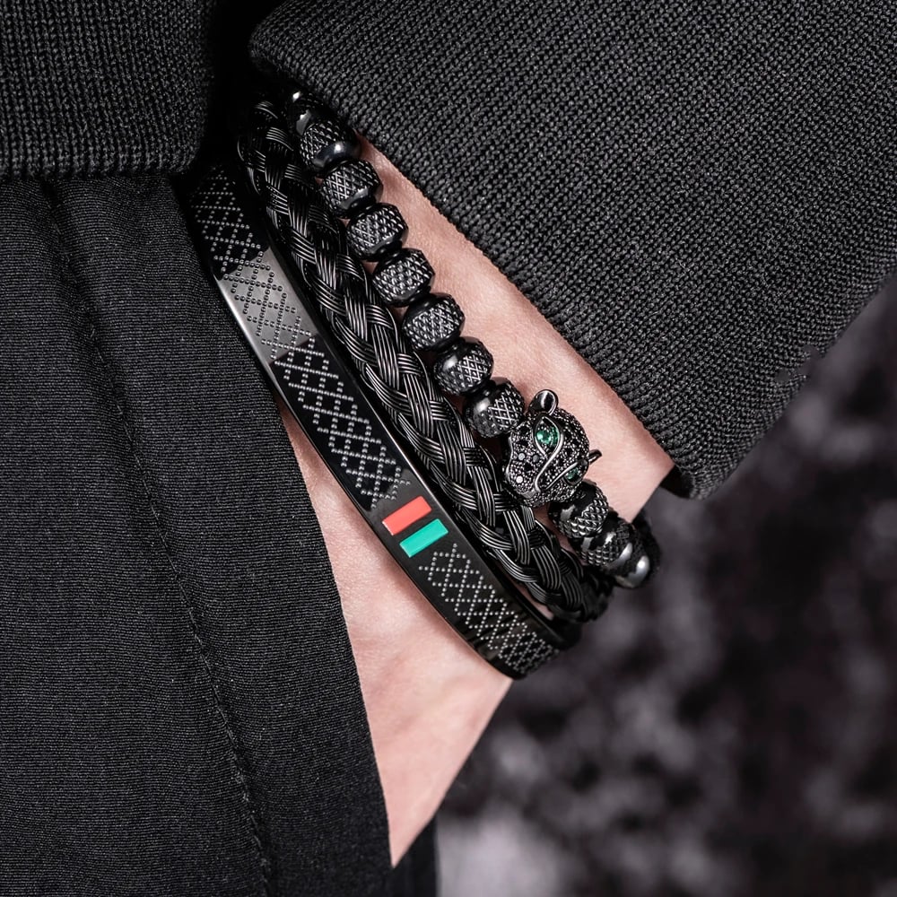 Luxury Handmade Braiding Bracelet Pave CZ Leopard Head Enamel Green Red Bracelet Stainless Steel