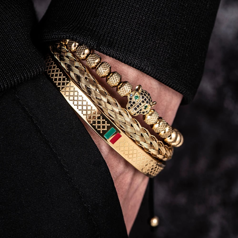 Luxury Handmade Braiding Bracelet Pave CZ Leopard Head Enamel Green Red Bracelet Stainless Steel