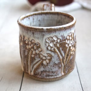 Image of Handcrafted Mug in Dripping White Glaze Over Speckled Stoneware , Hand Carved, Made in USA