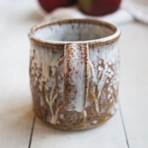 Image of Handcrafted Mug in Dripping White Glaze Over Speckled Stoneware , Hand Carved, Made in USA