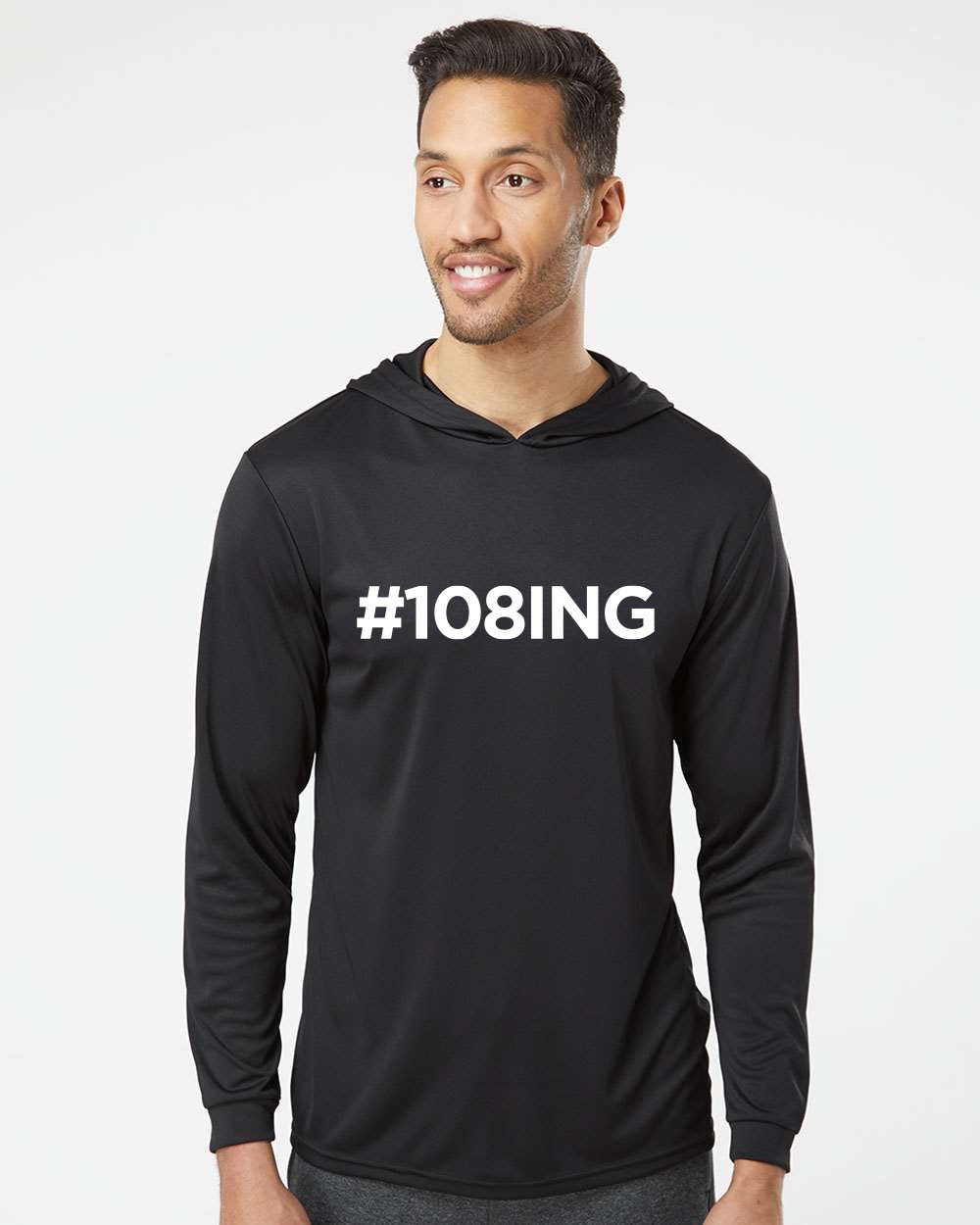 PRE-SALE // #108ING Hooded Performance Long Sleeve Tee / Heather Grey & Black