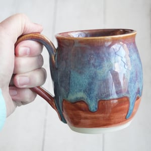 Image of Ceramic Mug in Shades of Raspberry and Blue Glazes, 14 oz. Handmade Coffee Cup, Made in USA