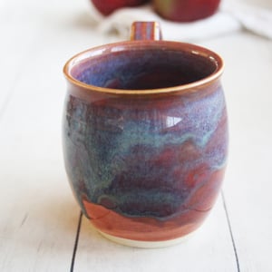 Image of Ceramic Mug in Shades of Raspberry and Blue Glazes, 14 oz. Handmade Coffee Cup, Made in USA