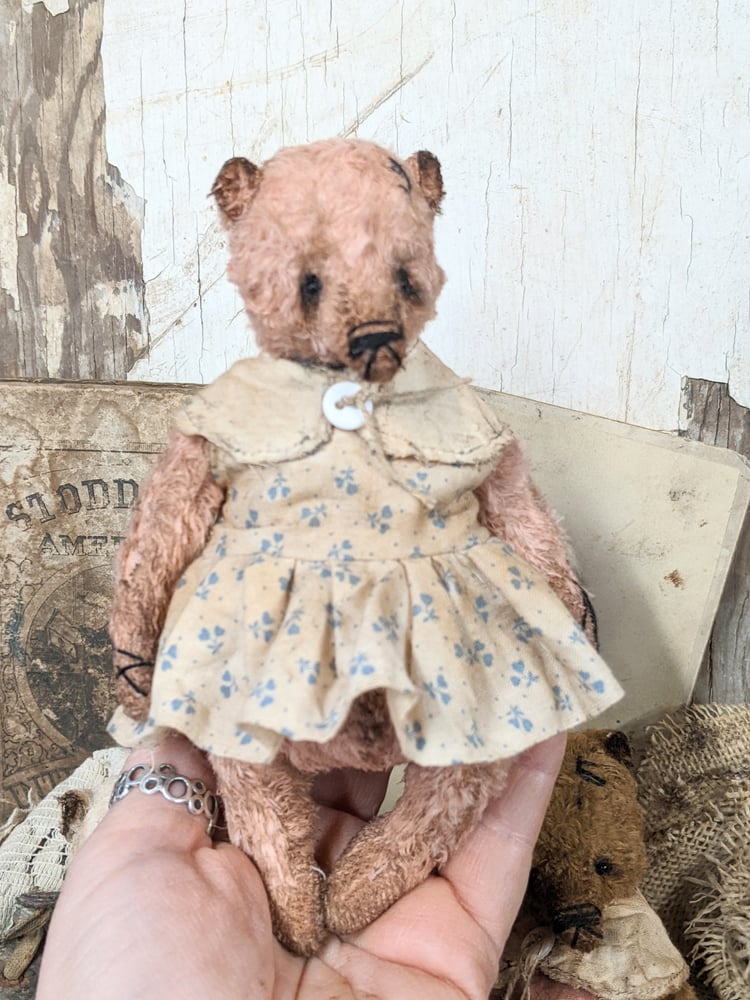 Image of 6"  Little Primitive PINK Teddy Bear in handmade dress  by Whendi's Bears.