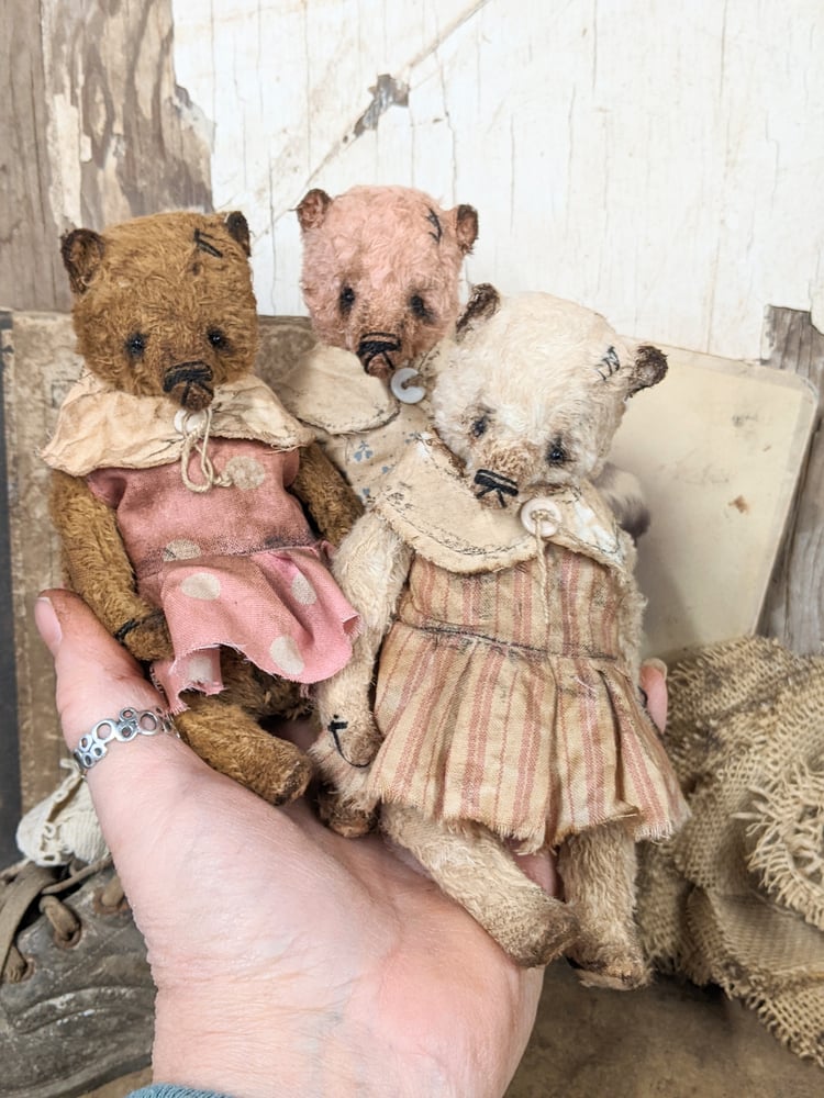 Image of 6"  Little Primitive PINK Teddy Bear in handmade dress  by Whendi's Bears.