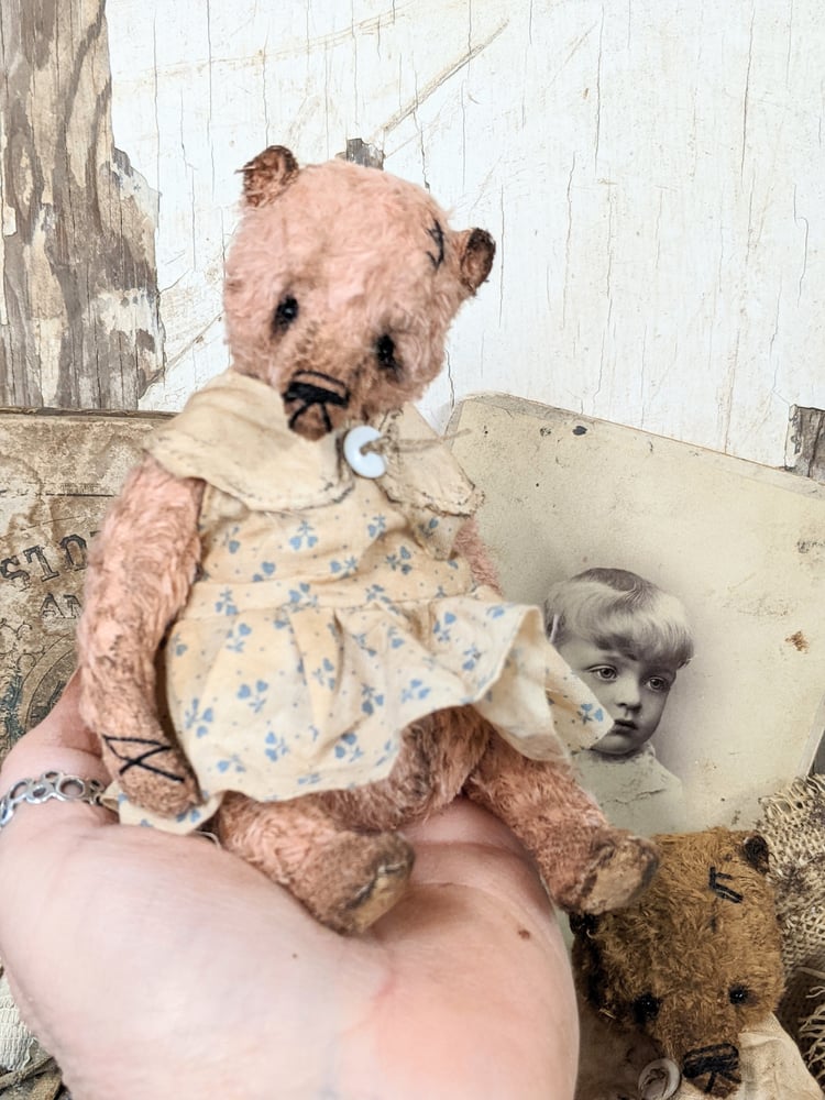 Image of 6"  Little Primitive PINK Teddy Bear in handmade dress  by Whendi's Bears.