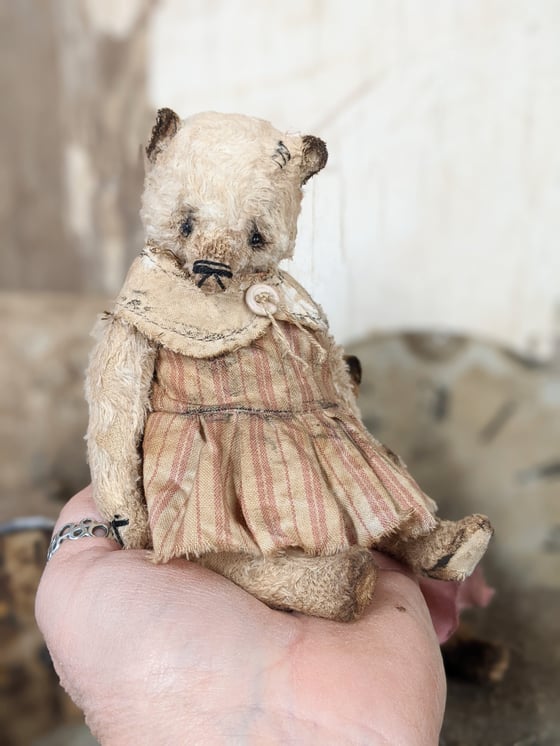 Image of 6"  Little Primitive CREAM Teddy Bear in handmade dress  by Whendi's Bears.