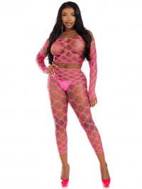 Image 1 of Neon Pink Net Crop Top and Footless Tights 