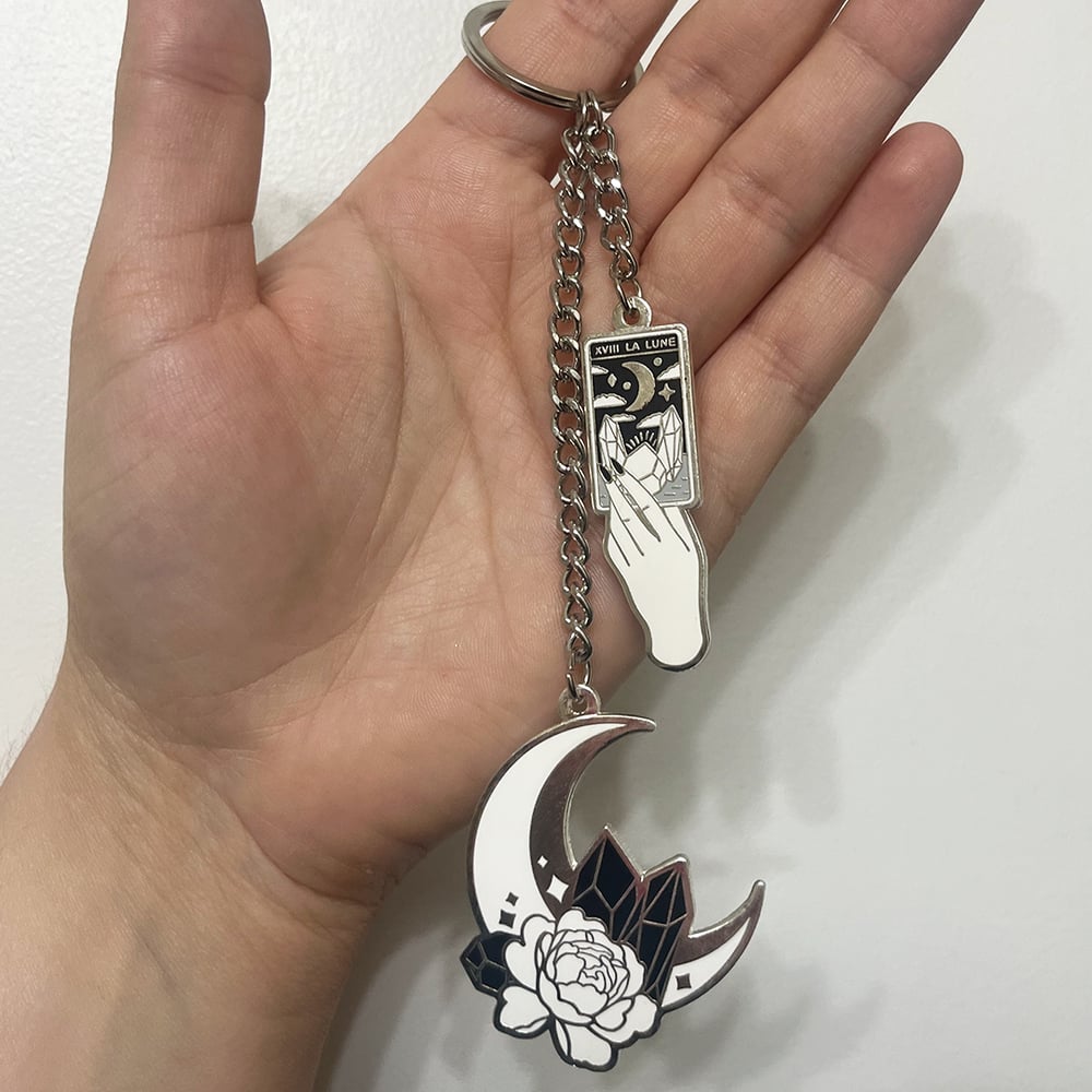 Moon and Card Black and White Hard Enamel Keychain