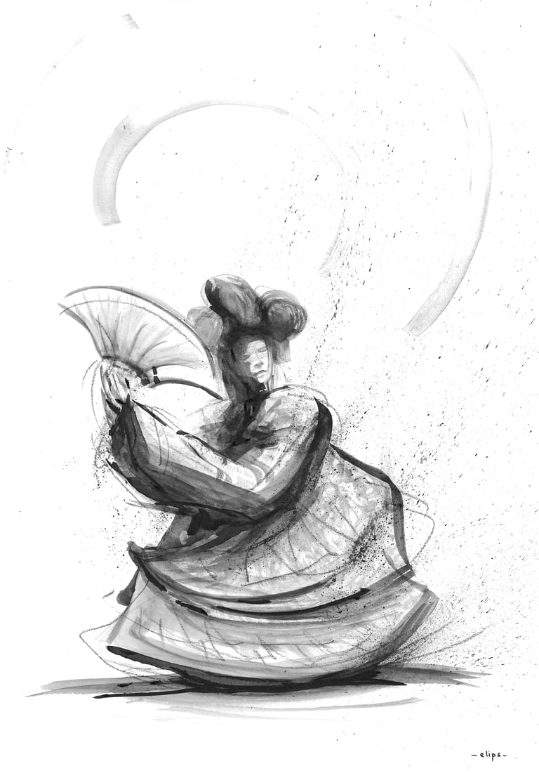  "Danseuse et éventail" / ORIGINAL (format A4, techniques mixtes)